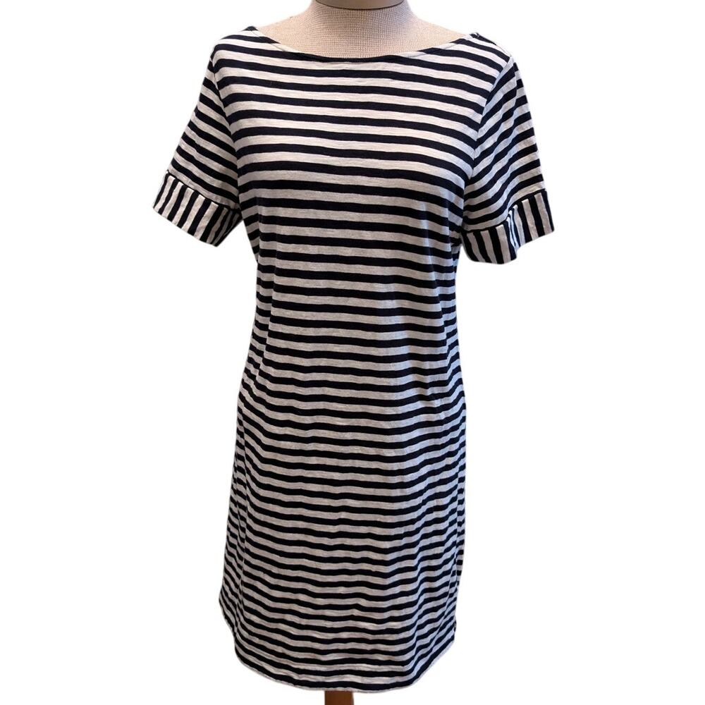 Womens Boden 100% Cotton Navy Blue White Striped Nautical Boat Neck Dress 10R - Picture 2 of 5
